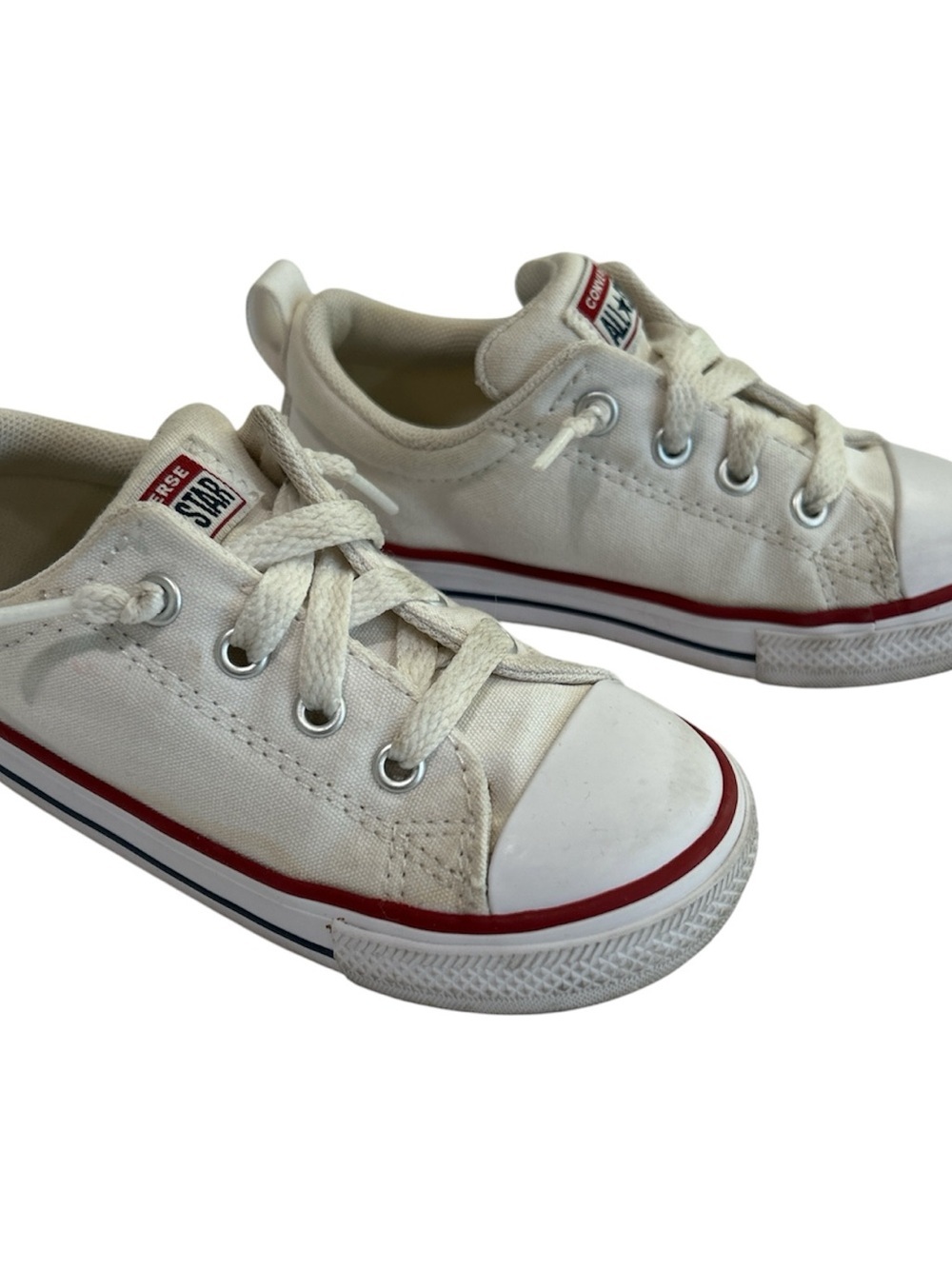 Converse Kids Low Top Canvas Sneakers in White and Red Trim